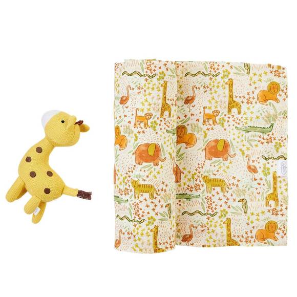 NEW MUDPIE kid's safari swaddle blanket & rattle set in multi - Picture 1 of 2